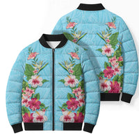 Hawaii Tropical Flowers Bomber Puffer Jacket Sky Blue Polynesian Tattoo Art