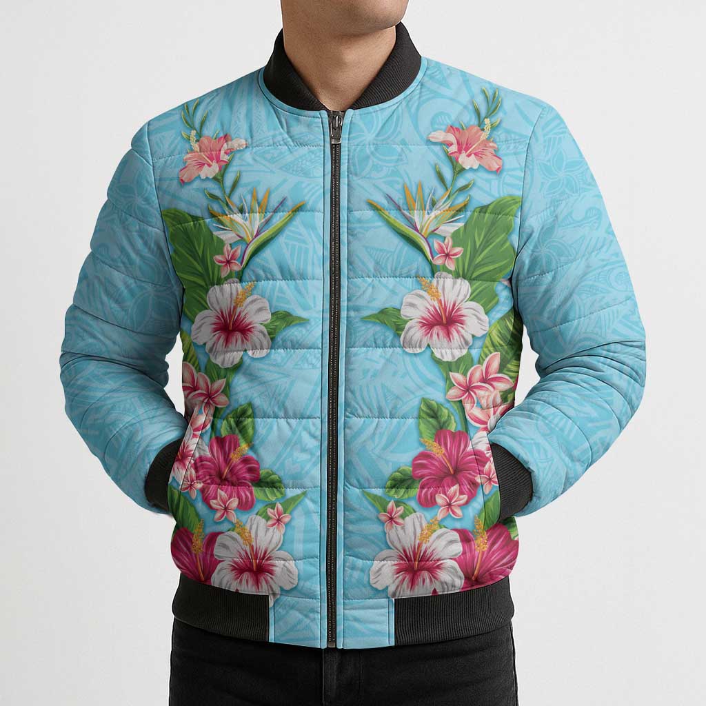 Hawaii Tropical Flowers Bomber Puffer Jacket Sky Blue Polynesian Tattoo Art