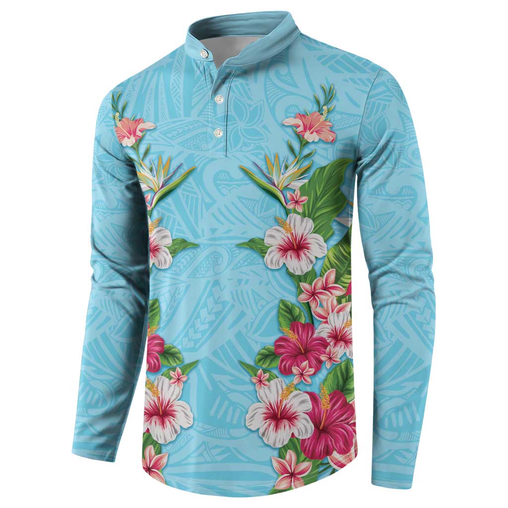 Hawaii Tropical Flowers Button Sweatshirt Sky Blue Polynesian Tattoo Art