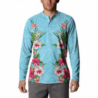 Hawaii Tropical Flowers Button Sweatshirt Sky Blue Polynesian Tattoo Art