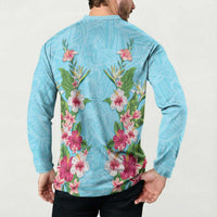Hawaii Tropical Flowers Button Sweatshirt Sky Blue Polynesian Tattoo Art