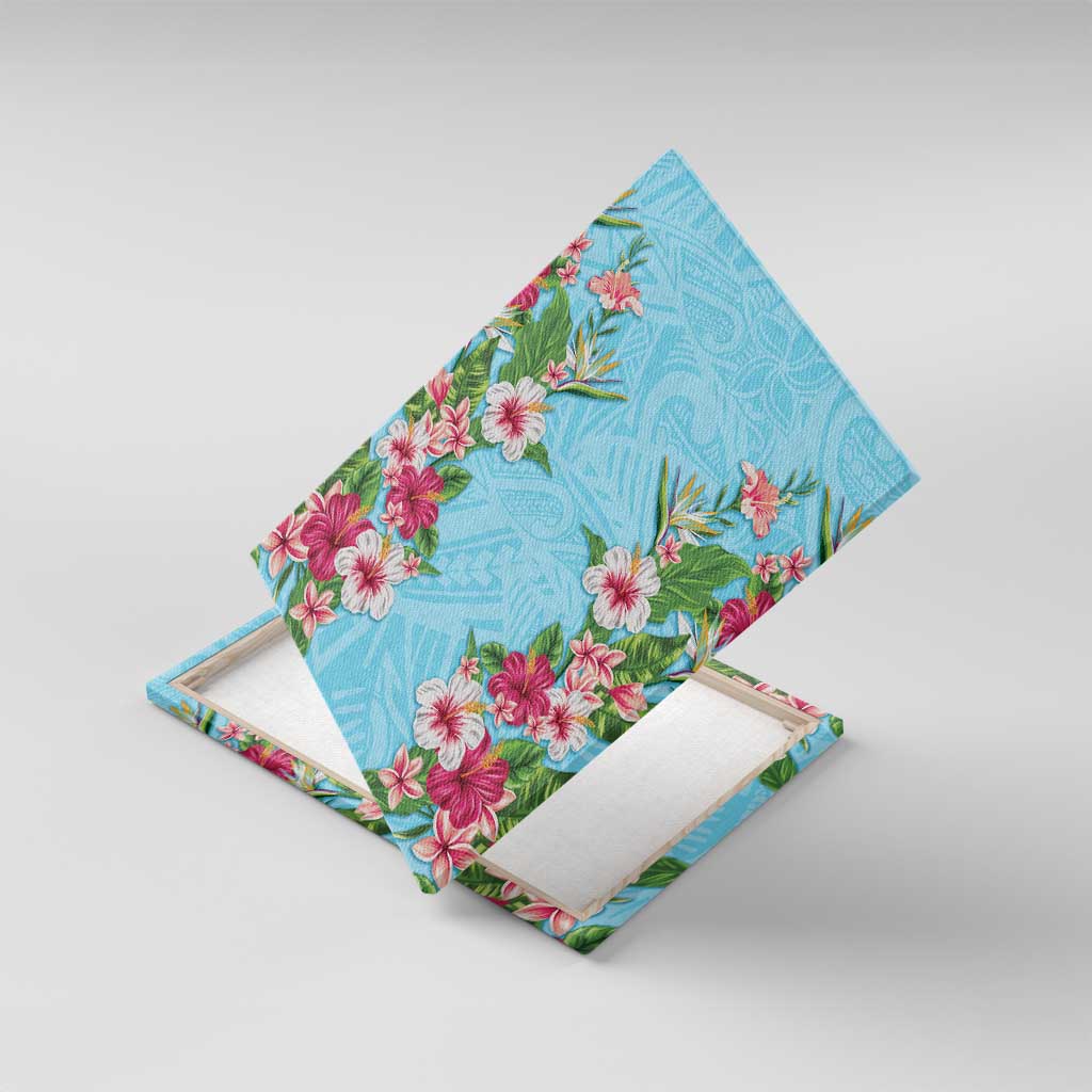 Hawaii Tropical Flowers Canvas Wall Art Sky Blue Polynesian Tattoo Art