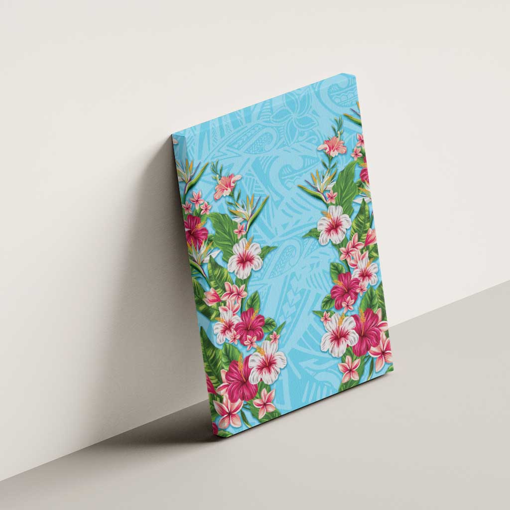 Hawaii Tropical Flowers Canvas Wall Art Sky Blue Polynesian Tattoo Art