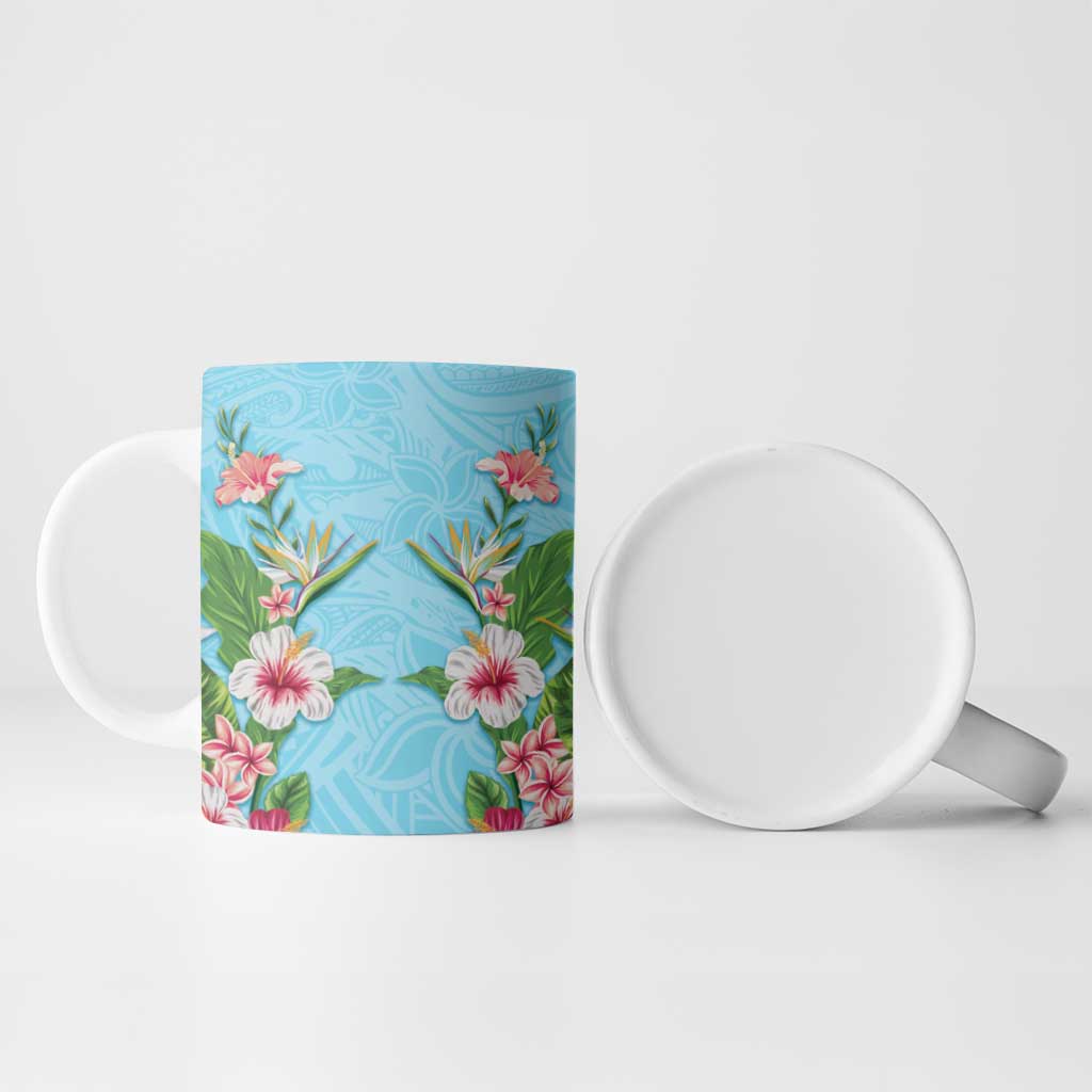 Hawaii Tropical Flowers Ceramic Mug Sky Blue Polynesian Tattoo Art