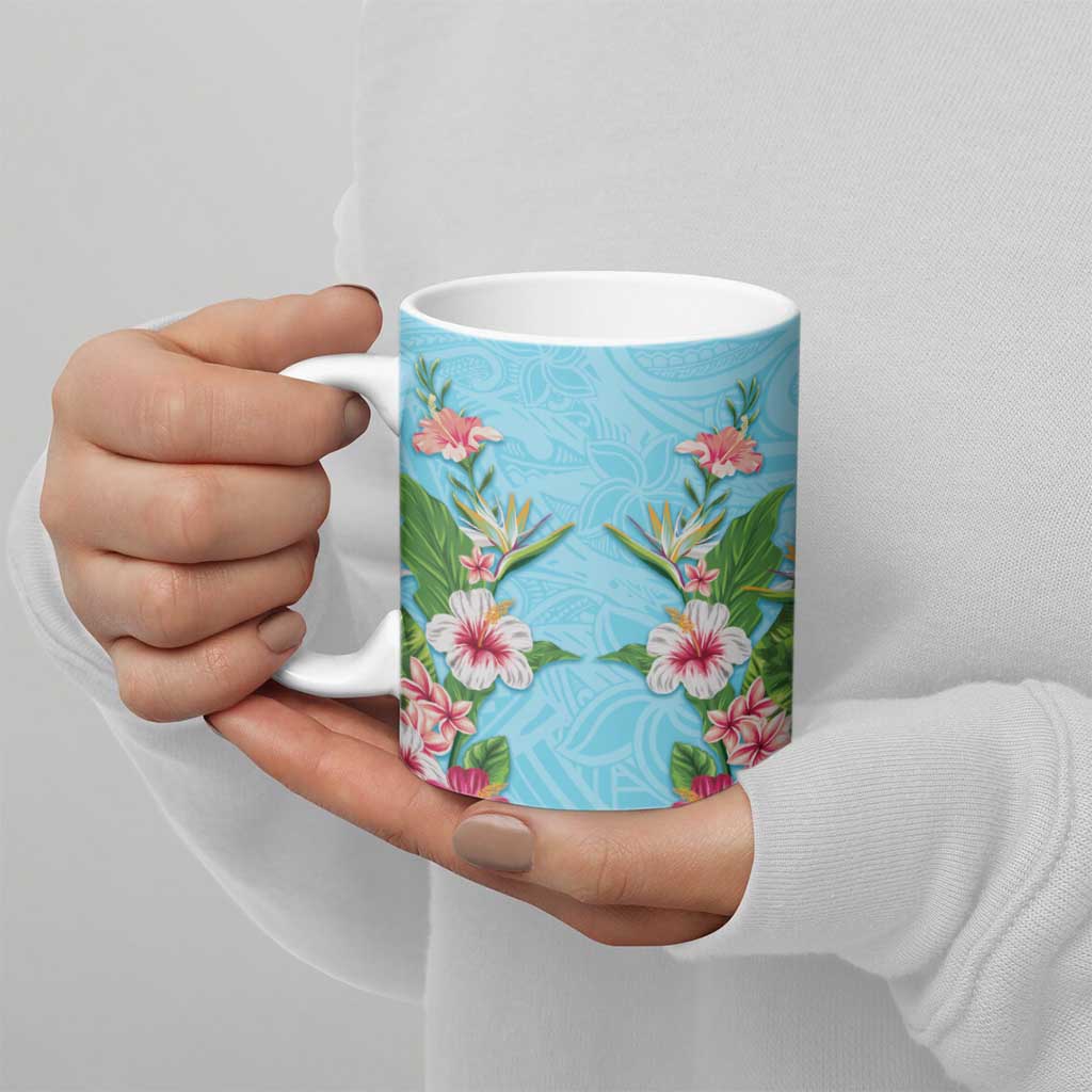 Hawaii Tropical Flowers Ceramic Mug Sky Blue Polynesian Tattoo Art