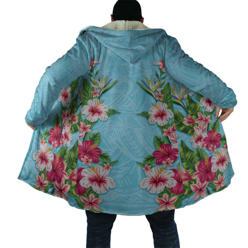 Hawaii Tropical Flowers Cloak Sky Blue Polynesian Tattoo Art