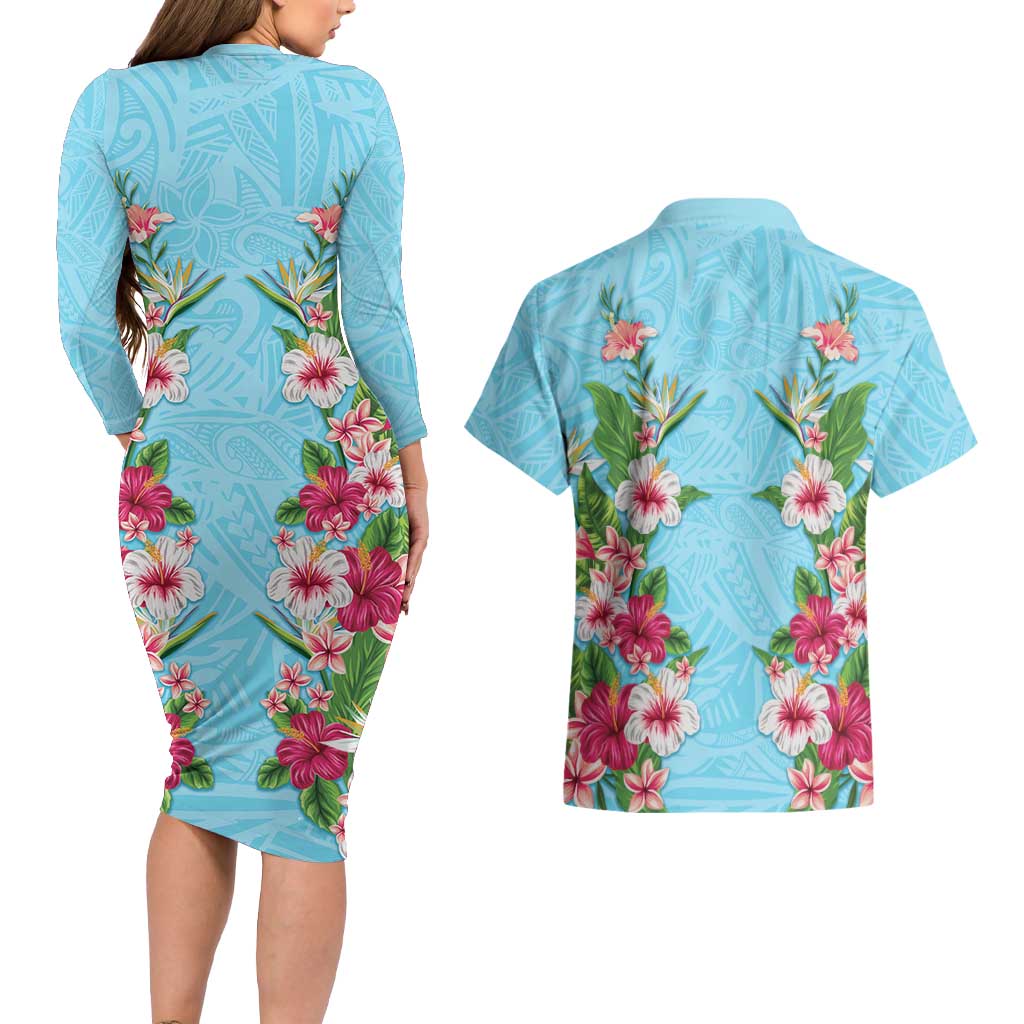Hawaii Tropical Flowers Couples Matching Long Sleeve Bodycon Dress and Hawaiian Shirt Sky Blue Polynesian Tattoo Art LT05 - Polynesian Pride