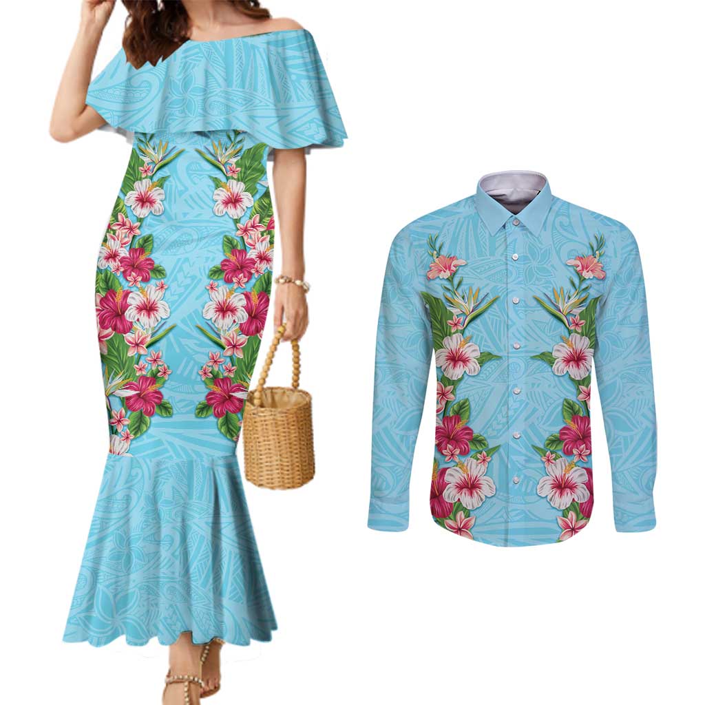 Hawaii Tropical Flowers Couples Matching Mermaid Dress and Long Sleeve Button Shirt Sky Blue Polynesian Tattoo Art