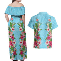 Hawaii Tropical Flowers Couples Matching Off Shoulder Maxi Dress and Hawaiian Shirt Sky Blue Polynesian Tattoo Art
