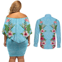 Hawaii Tropical Flowers Couples Matching Off Shoulder Short Dress and Long Sleeve Button Shirt Sky Blue Polynesian Tattoo Art