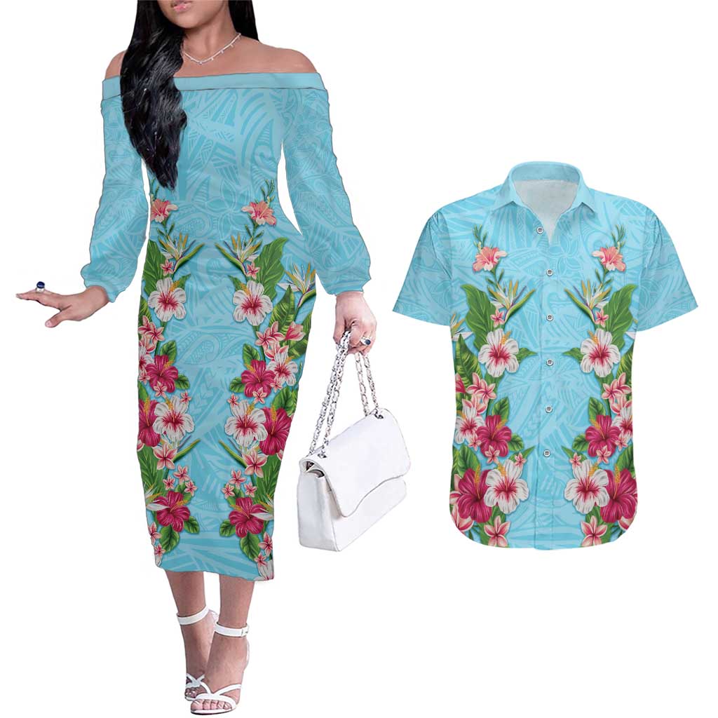 Hawaii Tropical Flowers Couples Matching Off The Shoulder Long Sleeve Dress and Hawaiian Shirt Sky Blue Polynesian Tattoo Art LT05 Blue - Polynesian Pride