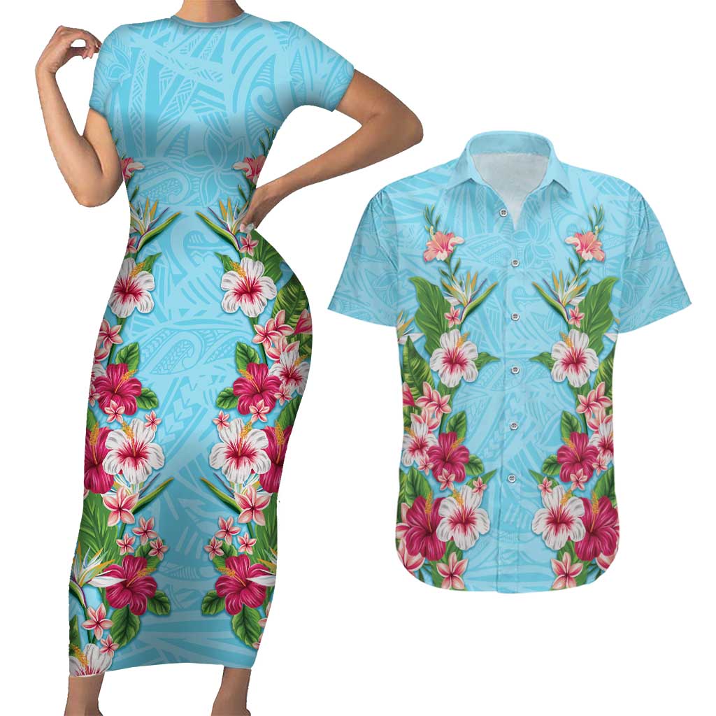 Hawaii Tropical Flowers Couples Matching Short Sleeve Bodycon Dress and Hawaiian Shirt Sky Blue Polynesian Tattoo Art