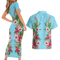 Hawaii Tropical Flowers Couples Matching Short Sleeve Bodycon Dress and Hawaiian Shirt Sky Blue Polynesian Tattoo Art LT05 - Polynesian Pride