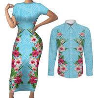 Hawaii Tropical Flowers Couples Matching Short Sleeve Bodycon Dress and Long Sleeve Button Shirt Sky Blue Polynesian Tattoo Art