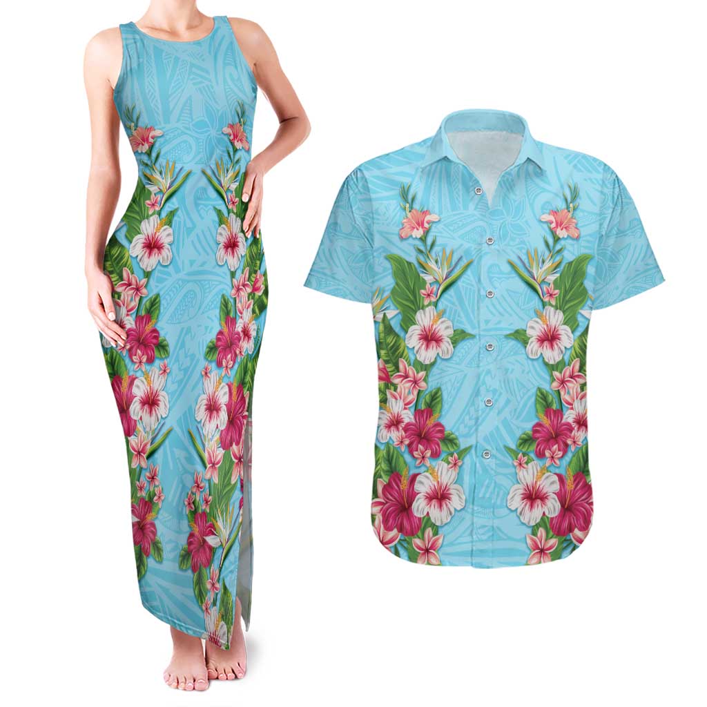 Hawaii Tropical Flowers Couples Matching Tank Maxi Dress and Hawaiian Shirt Sky Blue Polynesian Tattoo Art LT05 Blue - Polynesian Pride