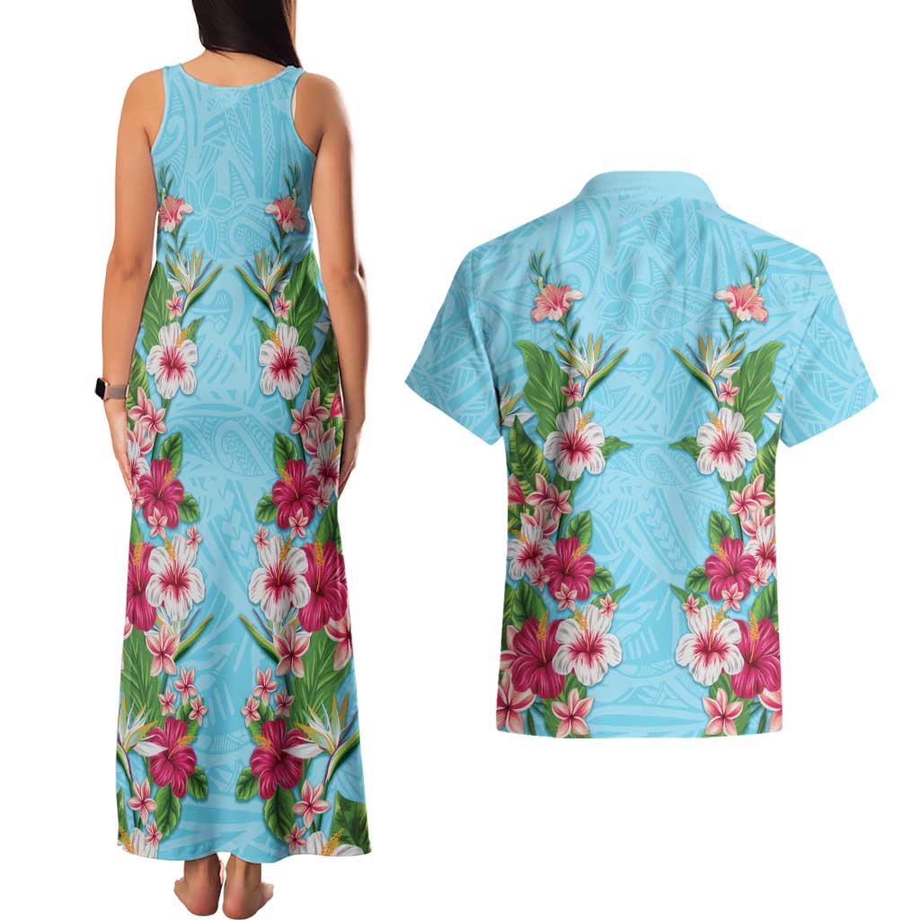 Hawaii Tropical Flowers Couples Matching Tank Maxi Dress and Hawaiian Shirt Sky Blue Polynesian Tattoo Art LT05 - Polynesian Pride