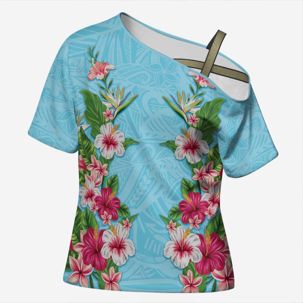 Hawaii Tropical Flowers Cross Shoulder Shirt Sky Blue Polynesian Tattoo Art
