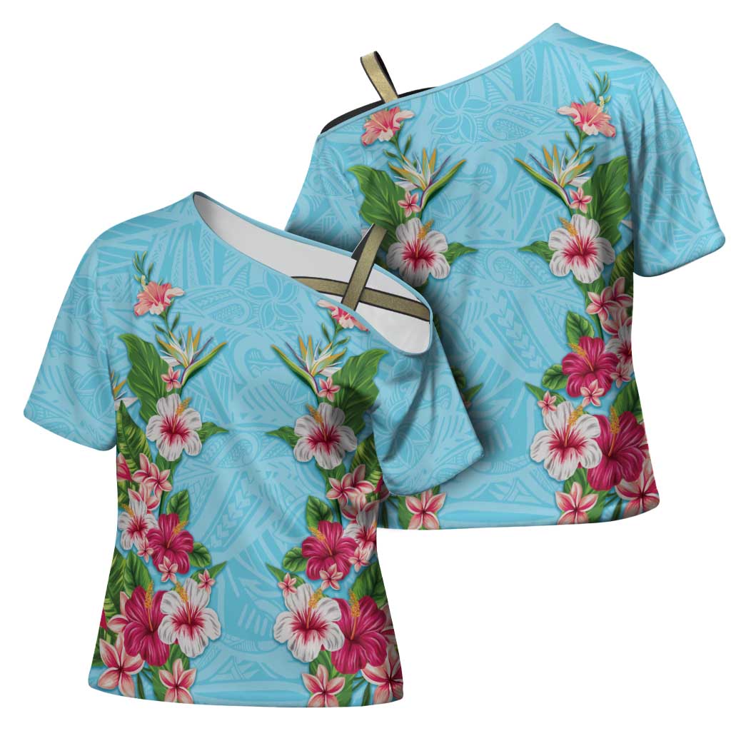 Hawaii Tropical Flowers Cross Shoulder Shirt Sky Blue Polynesian Tattoo Art
