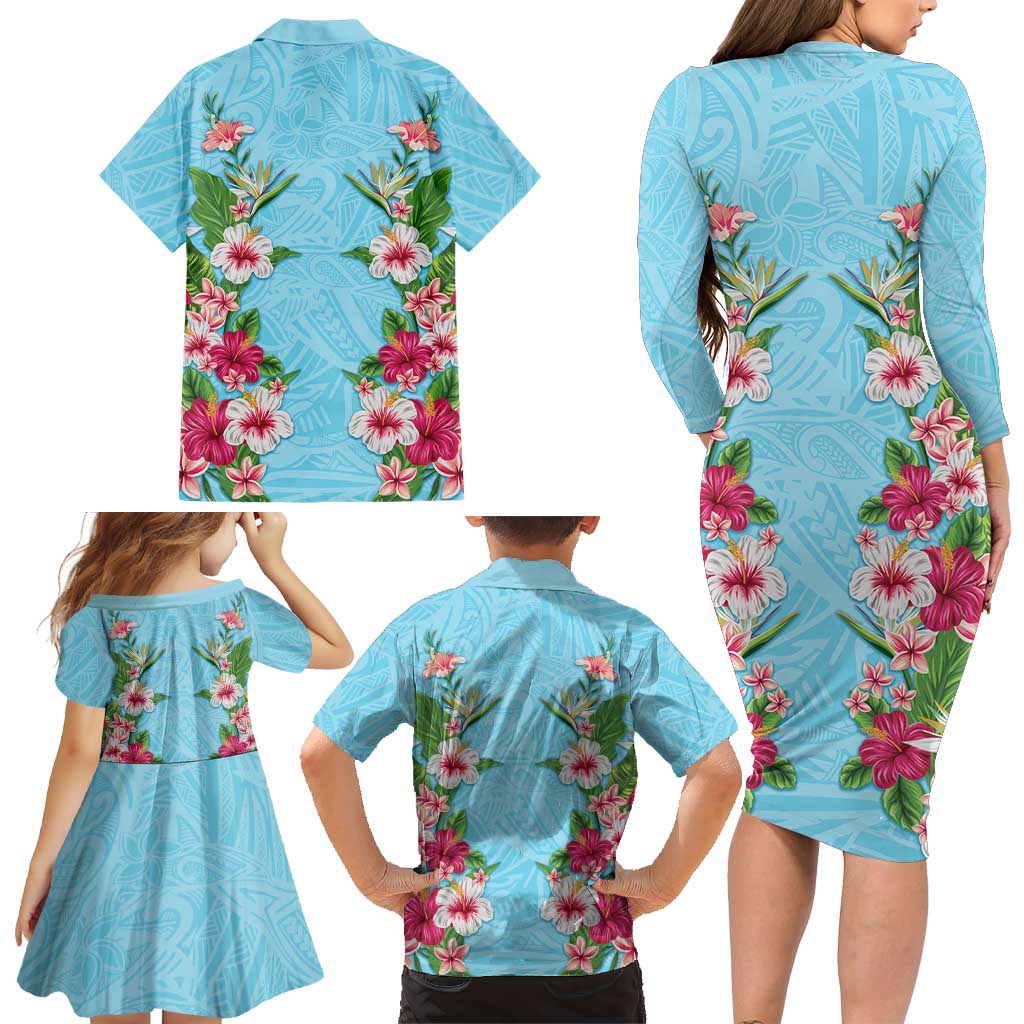 Hawaii Tropical Flowers Family Matching Long Sleeve Bodycon Dress and Hawaiian Shirt Sky Blue Polynesian Tattoo Art LT05 - Polynesian Pride