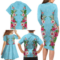Hawaii Tropical Flowers Family Matching Long Sleeve Bodycon Dress and Hawaiian Shirt Sky Blue Polynesian Tattoo Art LT05 - Polynesian Pride
