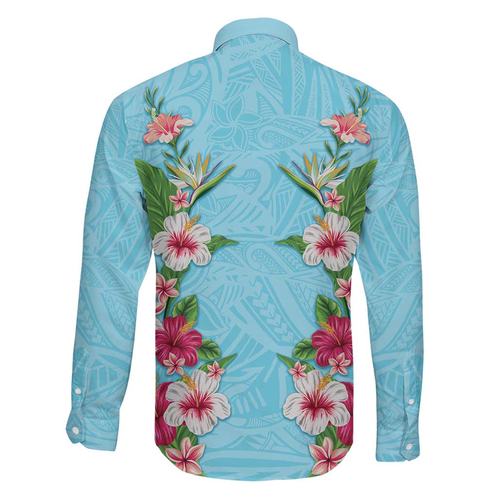 Hawaii Tropical Flowers Family Matching Long Sleeve Bodycon Dress and Hawaiian Shirt Sky Blue Polynesian Tattoo Art LT05 - Polynesian Pride