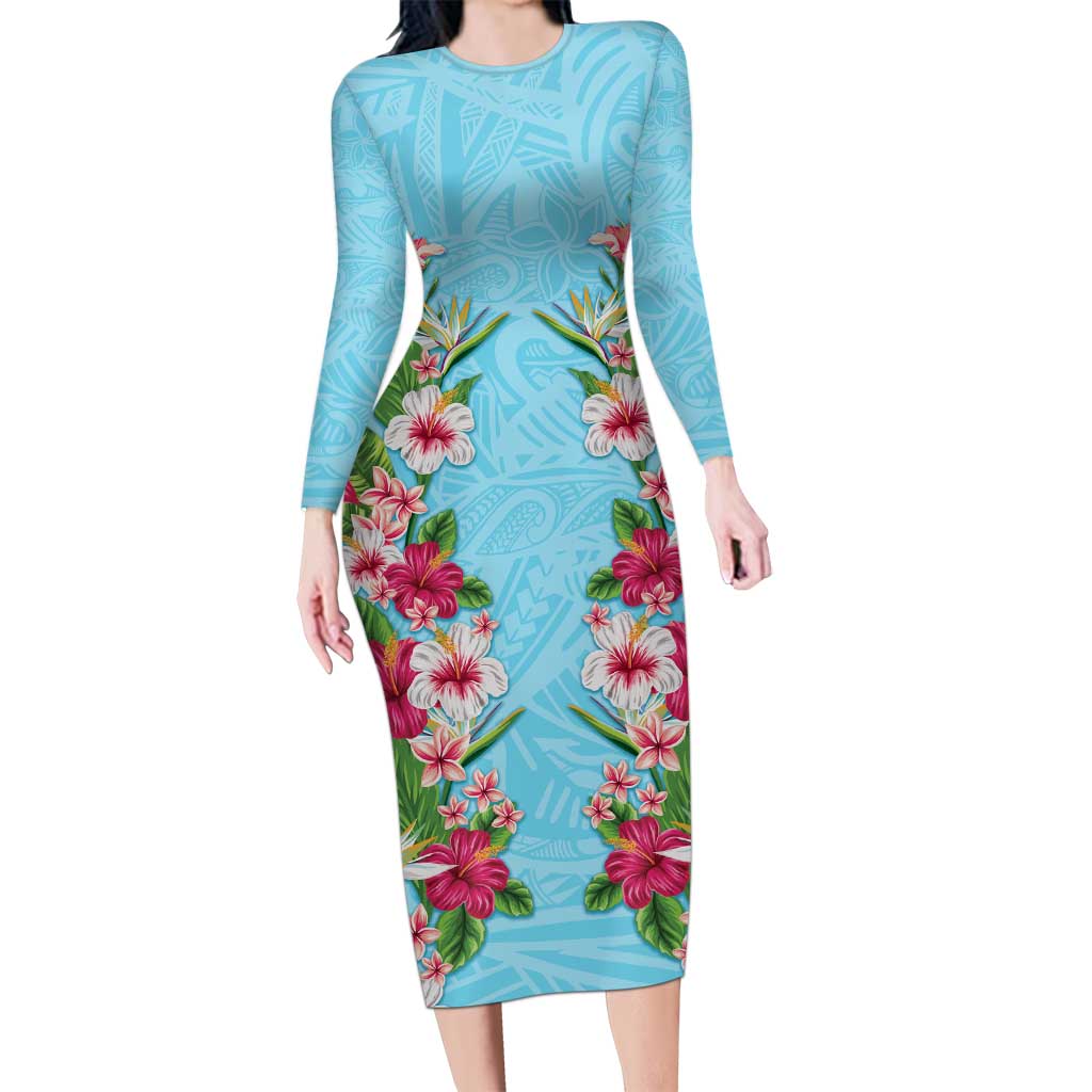 Hawaii Tropical Flowers Family Matching Long Sleeve Bodycon Dress and Hawaiian Shirt Sky Blue Polynesian Tattoo Art LT05 Mom's Dress Blue - Polynesian Pride