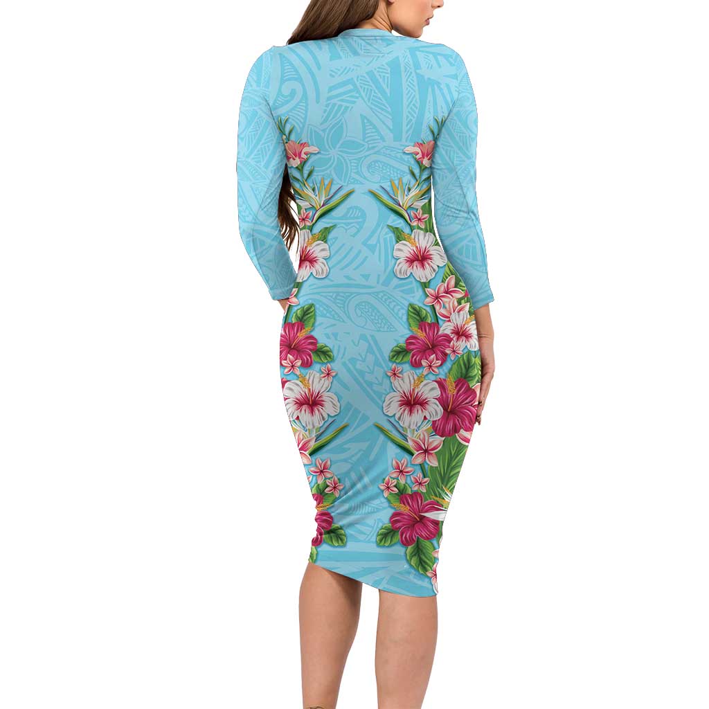 Hawaii Tropical Flowers Family Matching Long Sleeve Bodycon Dress and Hawaiian Shirt Sky Blue Polynesian Tattoo Art LT05 - Polynesian Pride