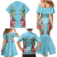 Hawaii Tropical Flowers Family Matching Mermaid Dress and Hawaiian Shirt Sky Blue Polynesian Tattoo Art LT05 - Polynesian Pride