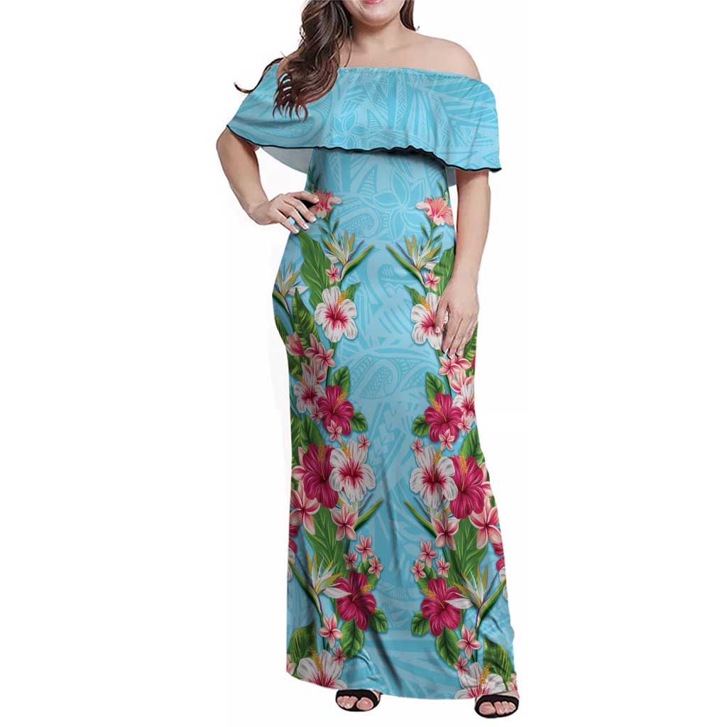 Hawaii Tropical Flowers Family Matching Off Shoulder Maxi Dress and Hawaiian Shirt Sky Blue Polynesian Tattoo Art LT05 Mom's Dress Blue - Polynesian Pride