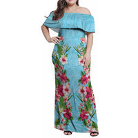 Hawaii Tropical Flowers Family Matching Off Shoulder Maxi Dress and Hawaiian Shirt Sky Blue Polynesian Tattoo Art LT05 Mom's Dress Blue - Polynesian Pride