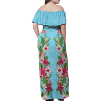 Hawaii Tropical Flowers Family Matching Off Shoulder Maxi Dress and Hawaiian Shirt Sky Blue Polynesian Tattoo Art LT05 - Polynesian Pride