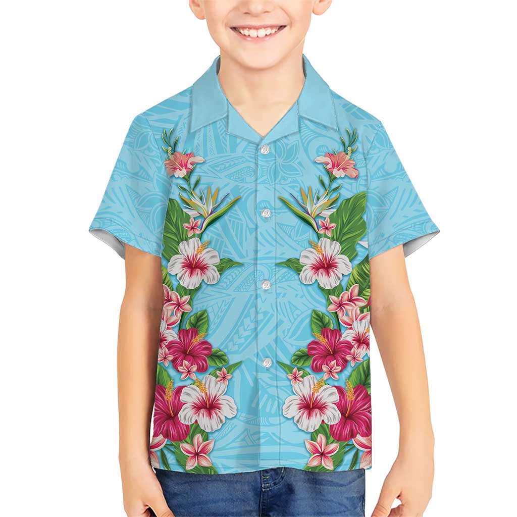 Hawaii Tropical Flowers Family Matching Off Shoulder Maxi Dress and Hawaiian Shirt Sky Blue Polynesian Tattoo Art LT05 Son's Shirt Blue - Polynesian Pride