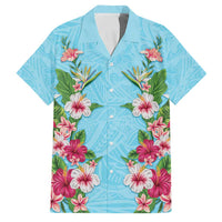 Hawaii Tropical Flowers Family Matching Off Shoulder Short Dress and Hawaiian Shirt Sky Blue Polynesian Tattoo Art LT05 Dad's Shirt - Short Sleeve Blue - Polynesian Pride