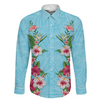 Hawaii Tropical Flowers Family Matching Puletasi and Hawaiian Shirt Sky Blue Polynesian Tattoo Art LT05 Dad's Shirt - Long Sleeve Blue - Polynesian Pride
