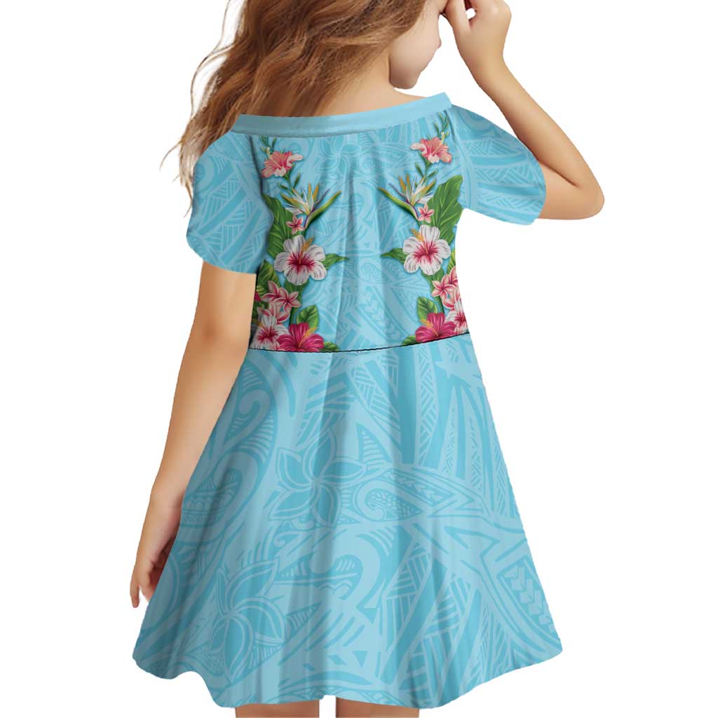Hawaii Tropical Flowers Family Matching Short Sleeve Bodycon Dress and Hawaiian Shirt Sky Blue Polynesian Tattoo Art LT05 - Polynesian Pride