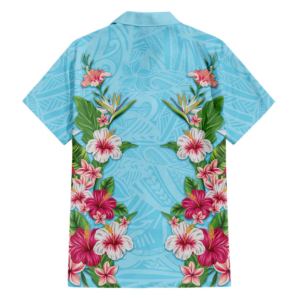 Hawaii Tropical Flowers Family Matching Short Sleeve Bodycon Dress and Hawaiian Shirt Sky Blue Polynesian Tattoo Art LT05 - Polynesian Pride