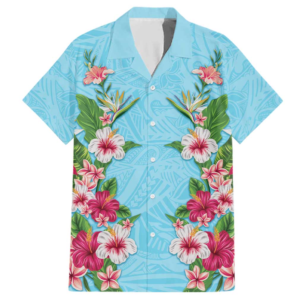Hawaii Tropical Flowers Family Matching Summer Maxi Dress and Hawaiian Shirt Sky Blue Polynesian Tattoo Art LT05 Dad's Shirt - Short Sleeve Blue - Polynesian Pride