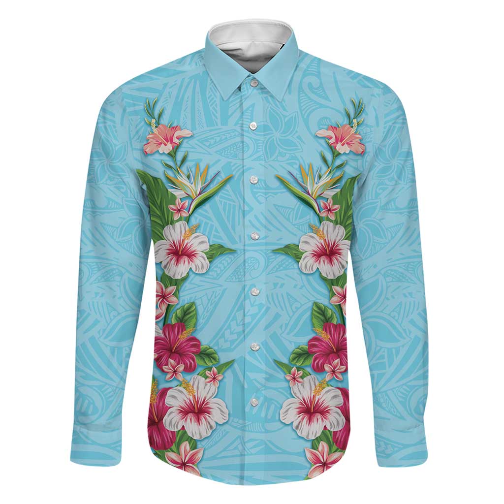 Hawaii Tropical Flowers Family Matching Summer Maxi Dress and Hawaiian Shirt Sky Blue Polynesian Tattoo Art LT05 Dad's Shirt - Long Sleeve Blue - Polynesian Pride