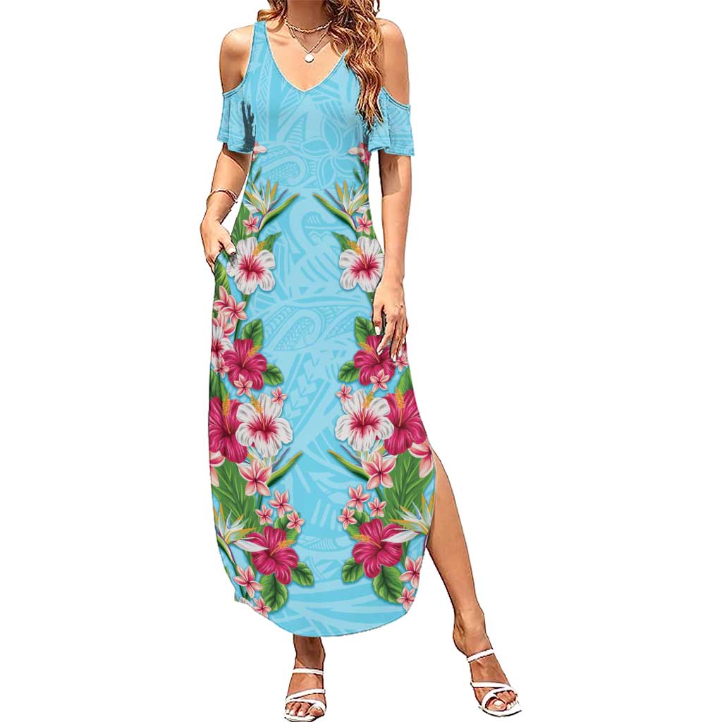 Hawaii Tropical Flowers Family Matching Summer Maxi Dress and Hawaiian Shirt Sky Blue Polynesian Tattoo Art LT05 Mom's Dress Blue - Polynesian Pride