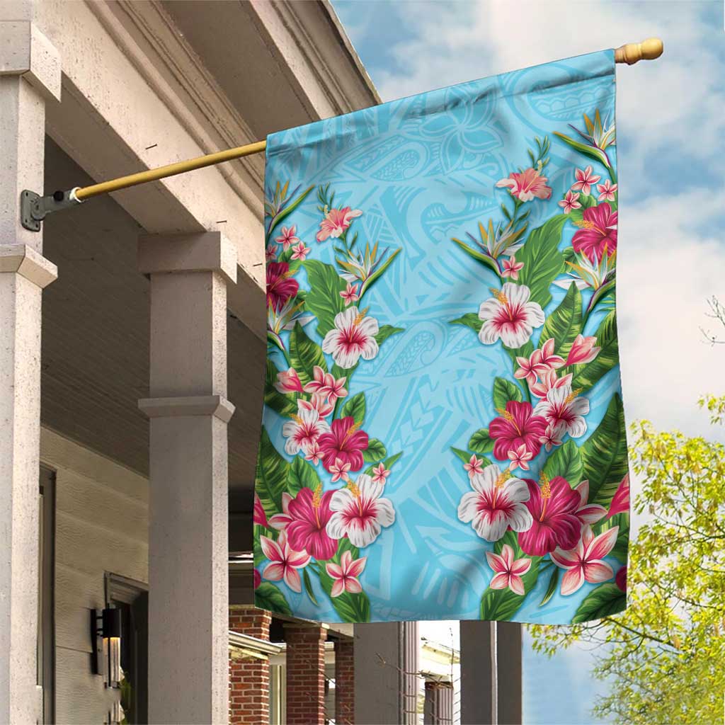 Hawaii Tropical Flowers Garden Flag Sky Blue Polynesian Tattoo Art