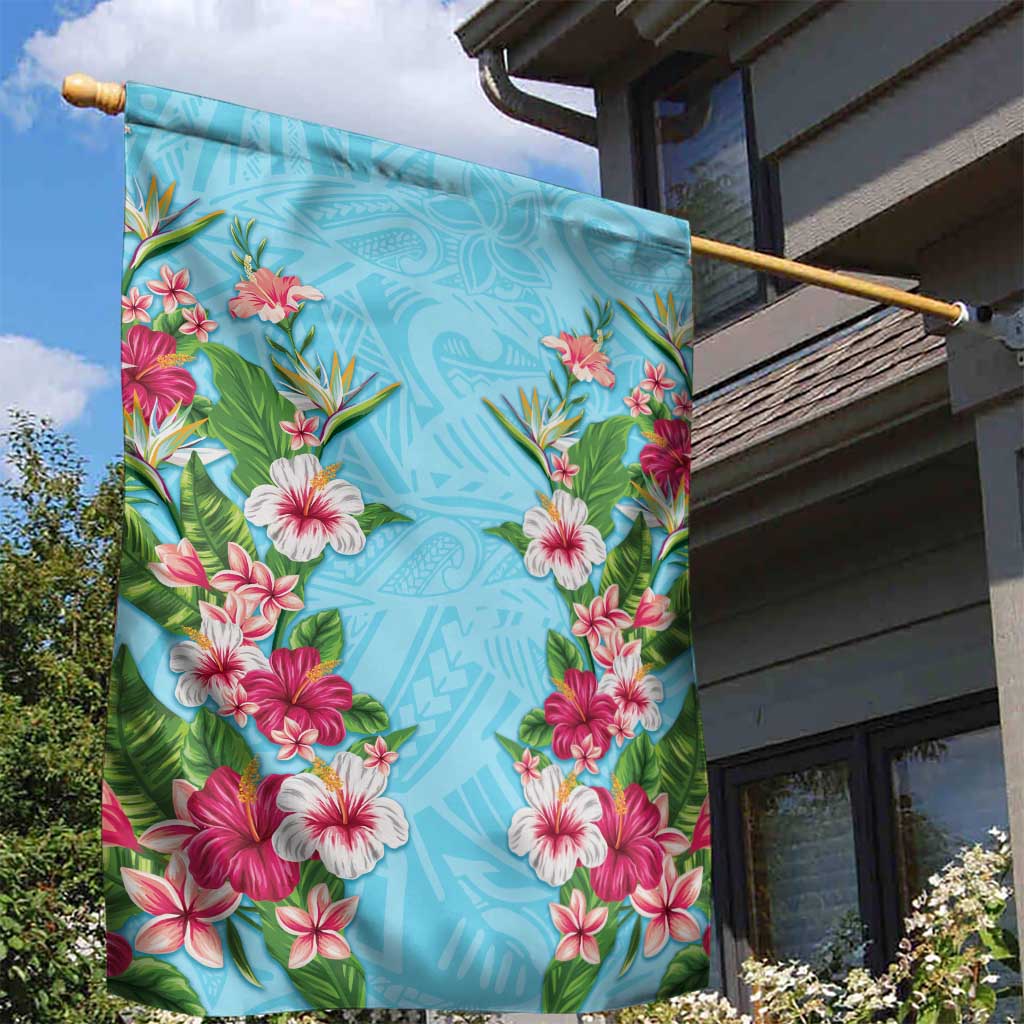 Hawaii Tropical Flowers Garden Flag Sky Blue Polynesian Tattoo Art