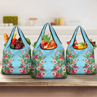Hawaii Tropical Flowers Grocery Bag Sky Blue Polynesian Tattoo Art
