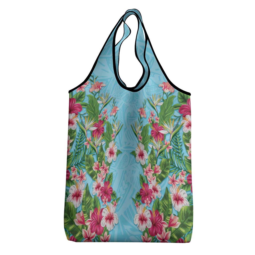 Hawaii Tropical Flowers Grocery Bag Sky Blue Polynesian Tattoo Art