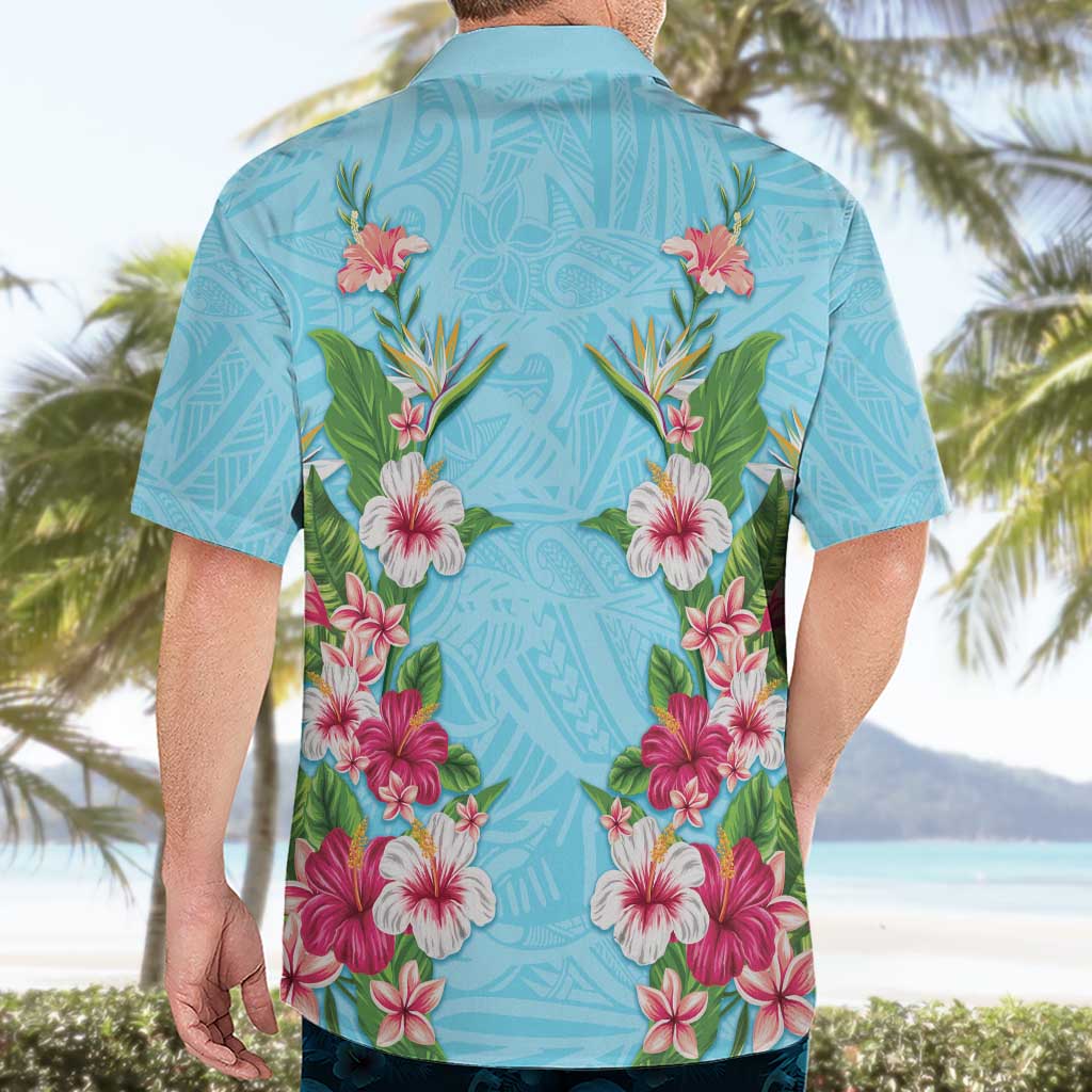 Hawaii Tropical Flowers Hawaiian Shirt Sky Blue Polynesian Tattoo Art