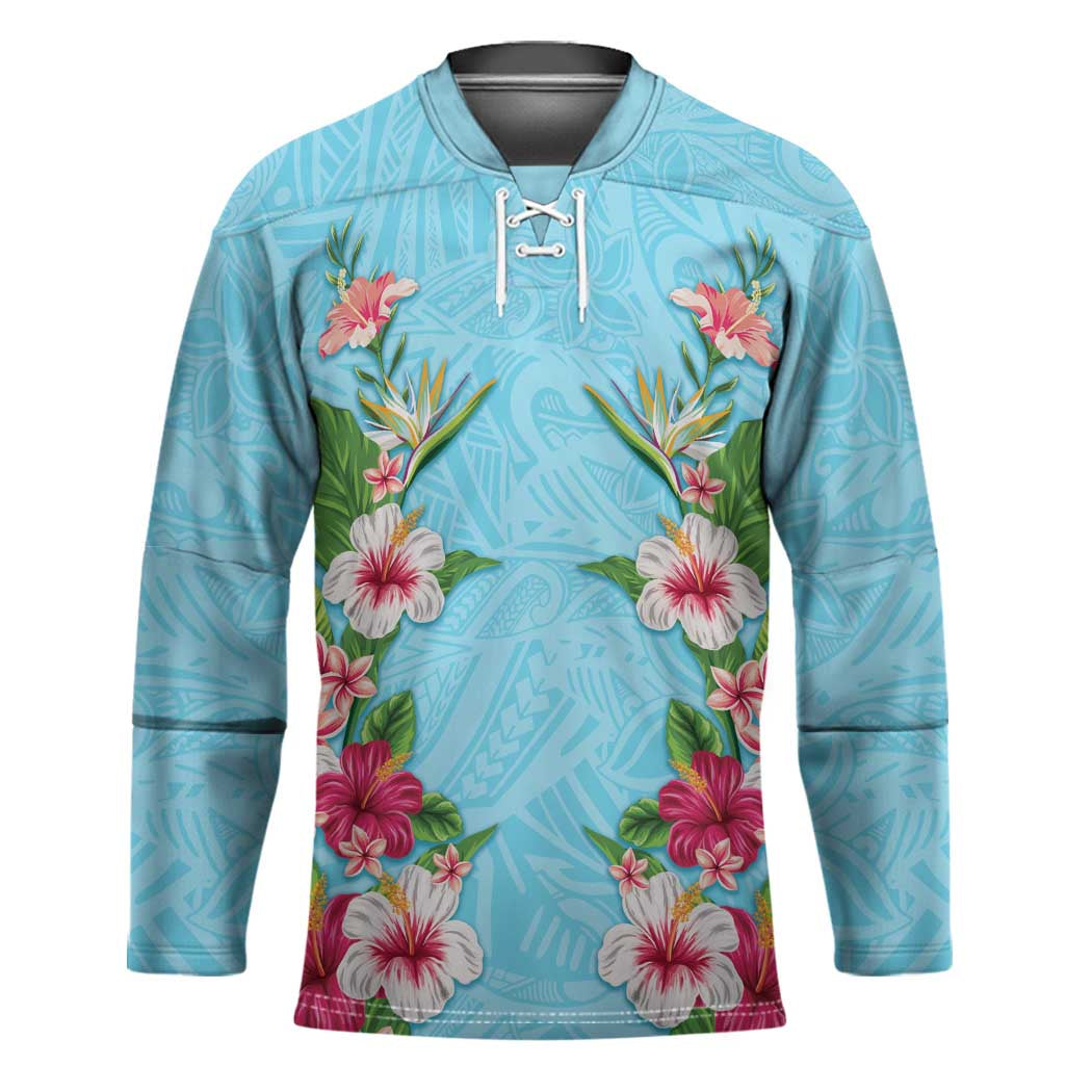 Hawaii Tropical Flowers Hockey Jersey Sky Blue Polynesian Tattoo Art