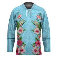Hawaii Tropical Flowers Hockey Jersey Sky Blue Polynesian Tattoo Art