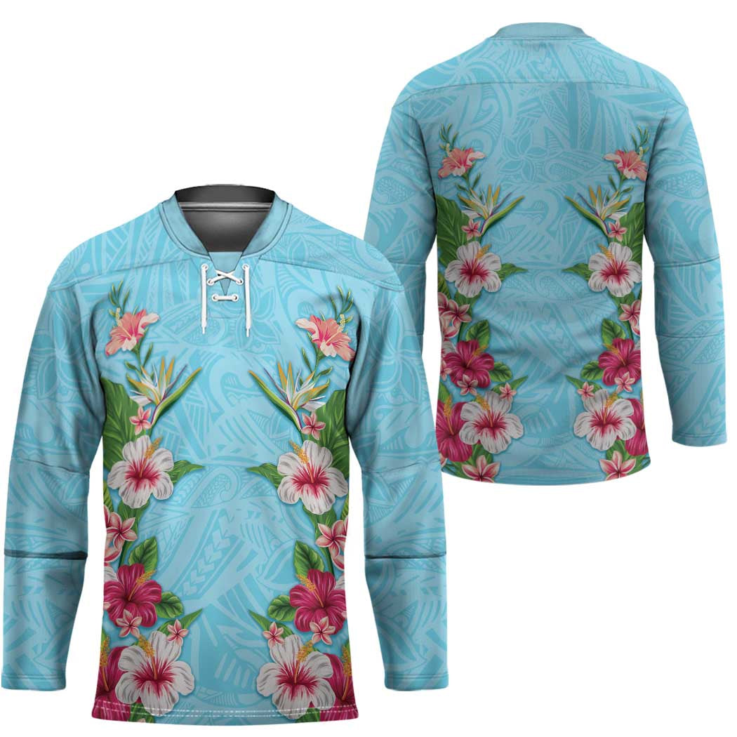 Hawaii Tropical Flowers Hockey Jersey Sky Blue Polynesian Tattoo Art