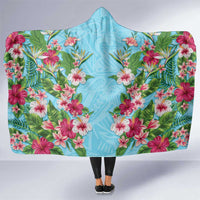 Hawaii Tropical Flowers Hooded Blanket Sky Blue Polynesian Tattoo Art
