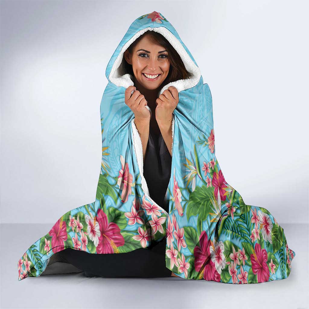 Hawaii Tropical Flowers Hooded Blanket Sky Blue Polynesian Tattoo Art