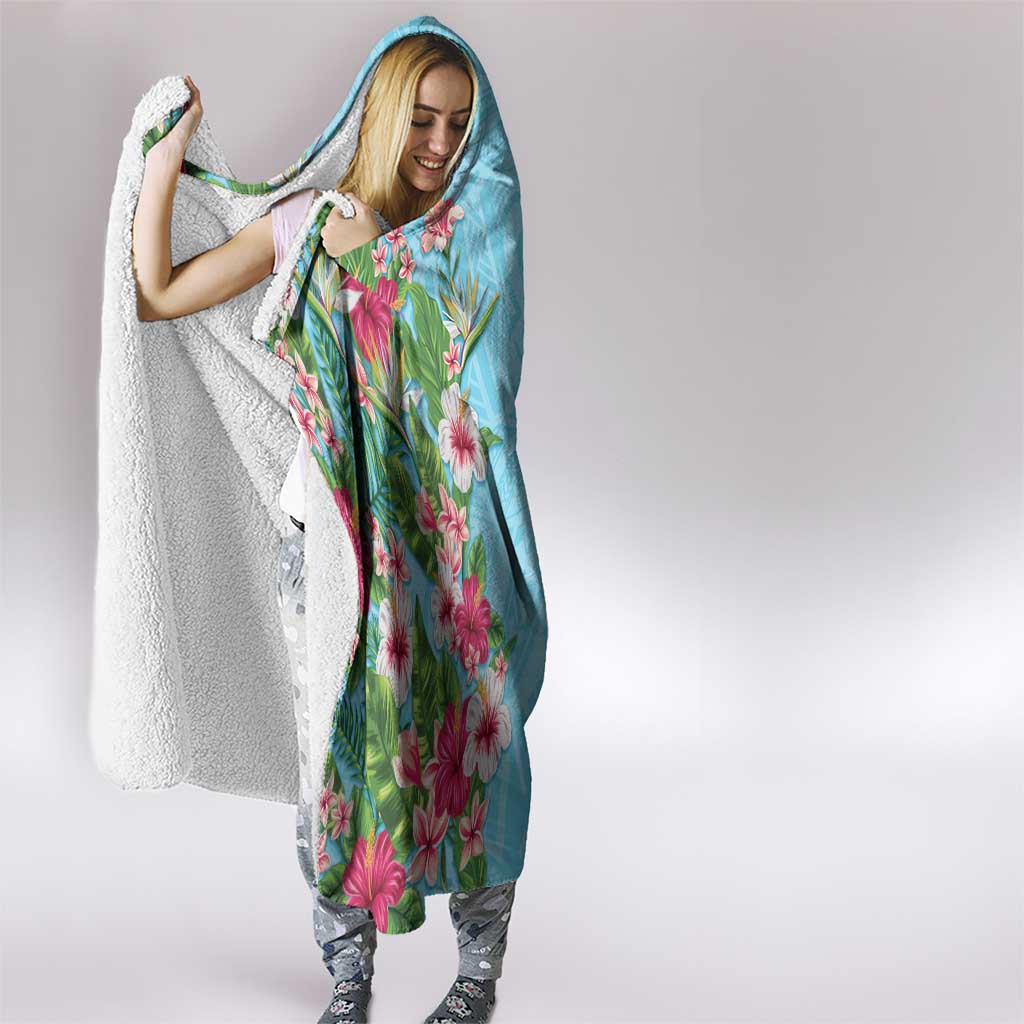 Hawaii Tropical Flowers Hooded Blanket Sky Blue Polynesian Tattoo Art